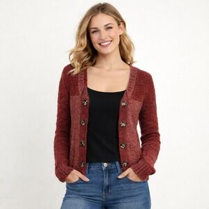 BKE Burgundy Y2K 2010's Elena Bella Shimmery Extra Long Sleeves Cardigan Size M